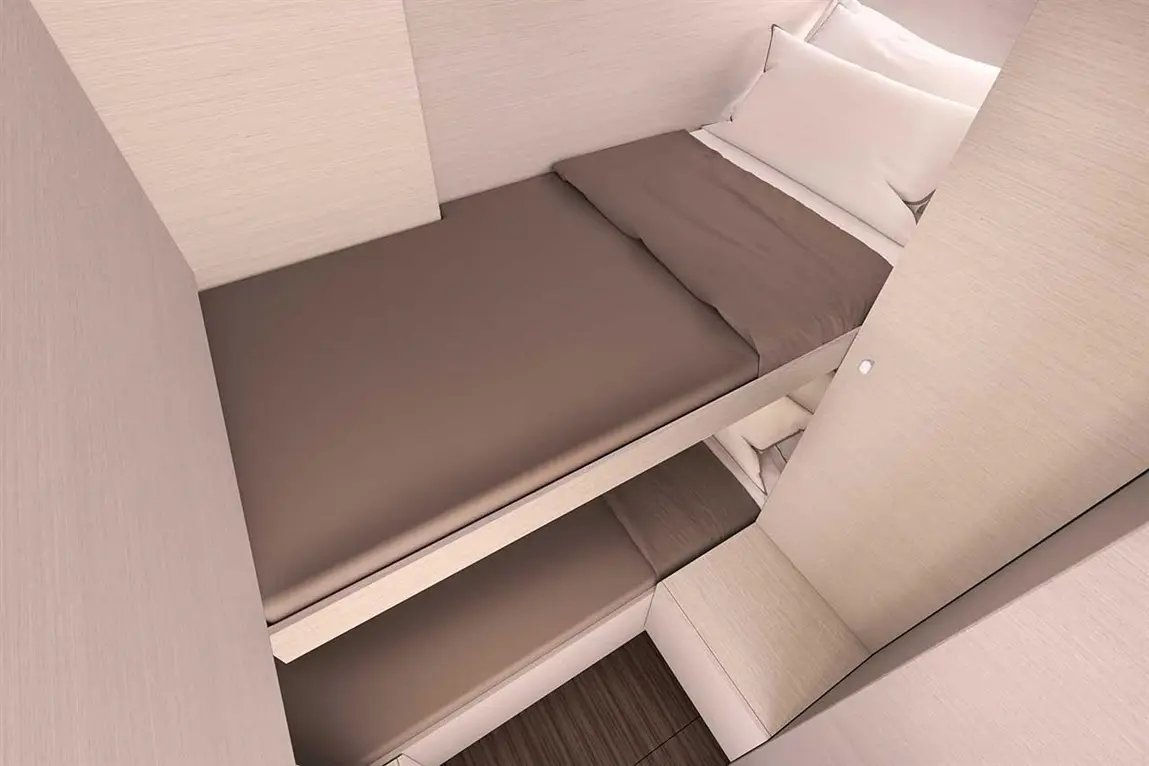 Compact bedroom layout featuring a double bunk bed with a brown duvet and pillows in a minimalist beige setting.